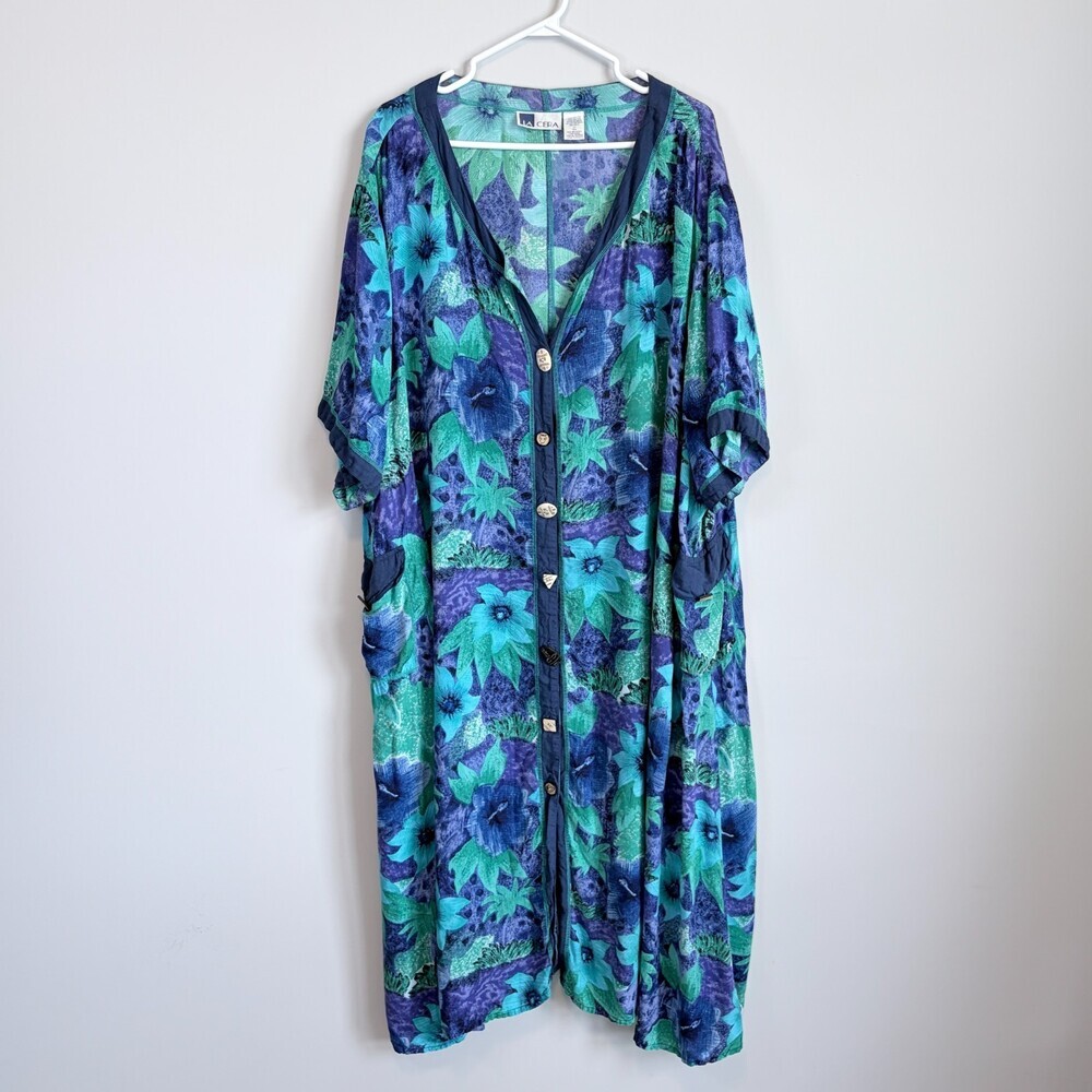 VTG Maxi Mumu Dress V-Neck Floral Colorful Loungewear Blue Women Size 5XL